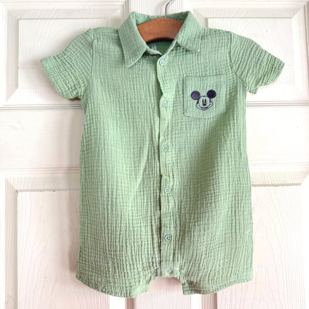 size 18m Disney baby boy green gauze-like one piece outfit Mickey Mouse pocket‎